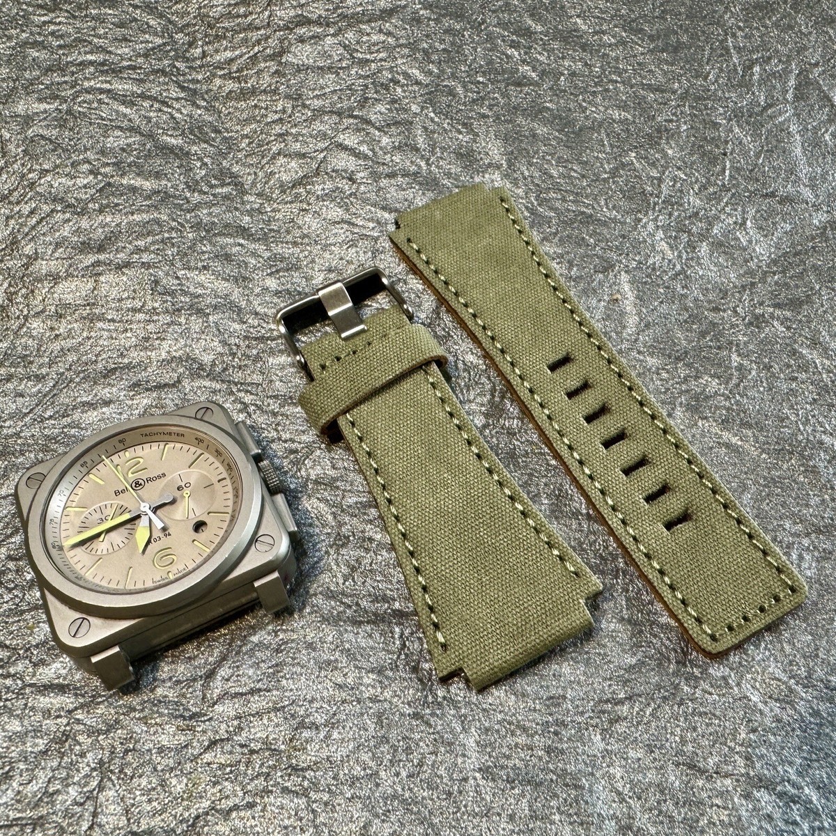 24mm Green Canvas/Leather watch Strap Bell Ross Br01 Br03 Or
