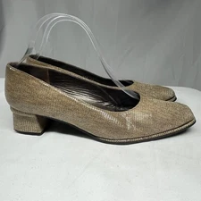 Stuart Weitzman Shoes Square Toe Block Heel 39 US8.5 Tan Textured Embossed Suede