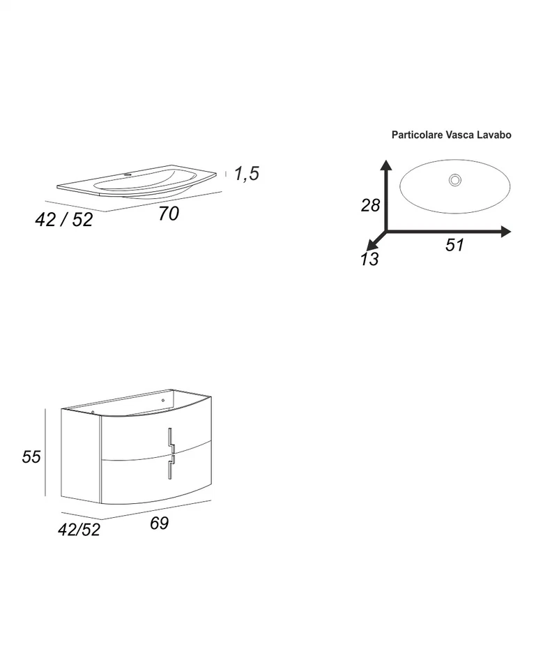 Mobile bagno curvo Sospeso cm 70 con due cassetti e Lavabo in vetro - Immagine 2 di 2