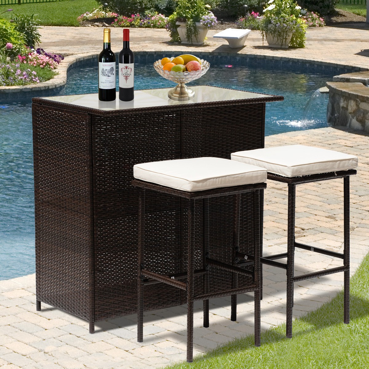 PCS Patio Furniture Set Outdoor Bar Wicker All-Weather Rattan