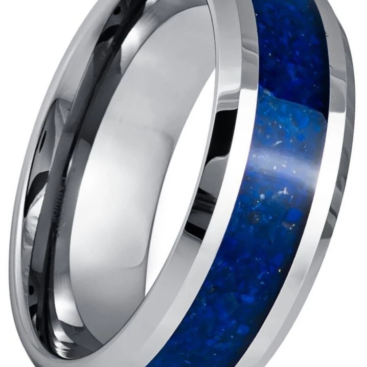 Anillo de tungsteno borde biselado con incrustación de lapislázuli alianza de boda de 8 mm Foto 3 de 4