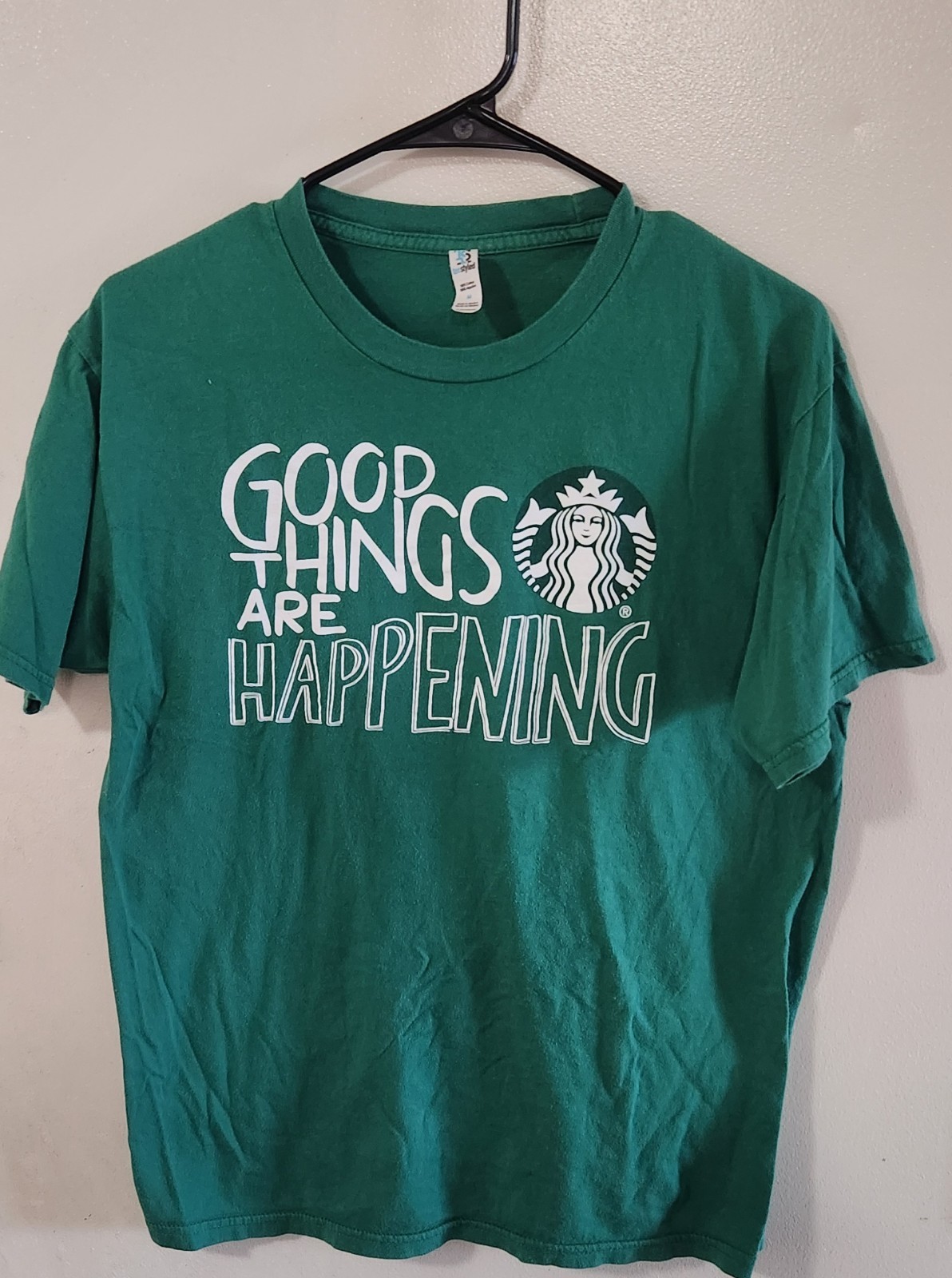 Starbucks Good Things are Happening Employee T Shirt. Medium. Green. SPOTLESS!