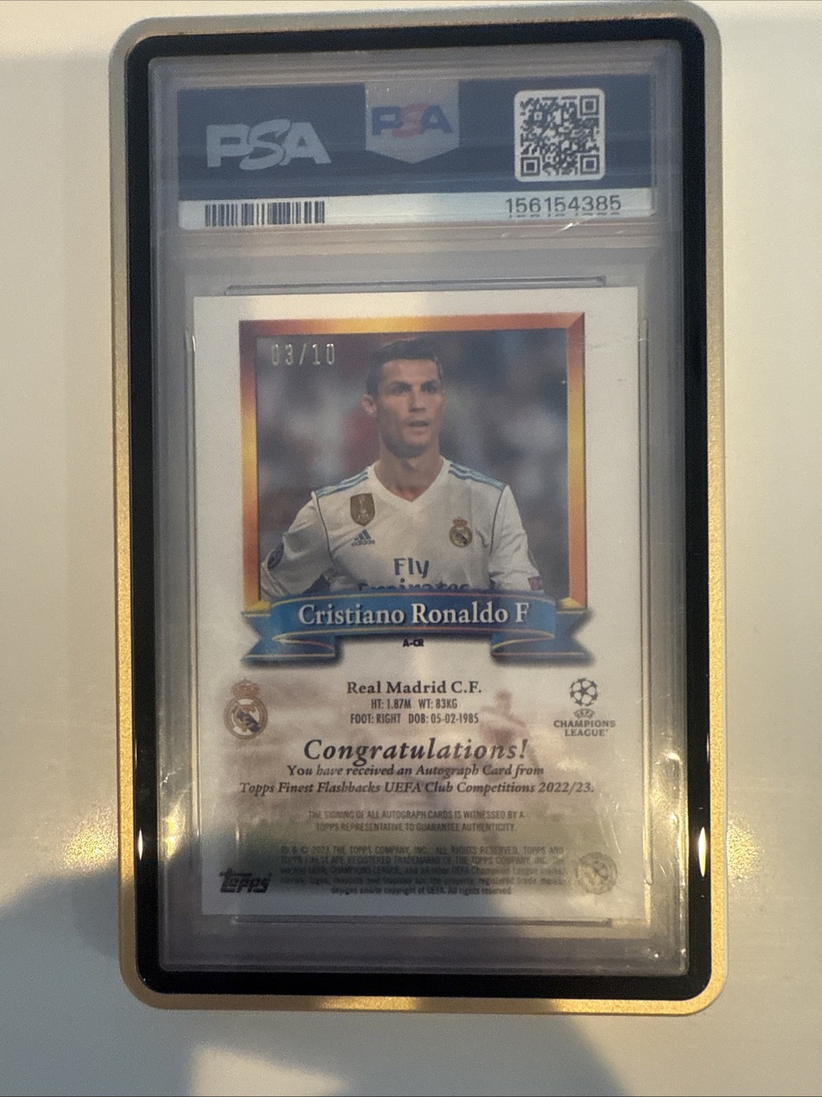 2022 Topps Finest Flashbacks Cristiano Ronaldo Orange Auto /10 PSA 9 Auto 10 view 2