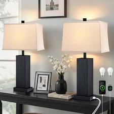 Modern Black Table Lamps Set of 2 with USB Port Wooden Base, Bulbs Included