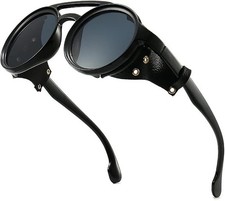 Mens Womens Sunglasses Vintage Steampunk Side Shields Leather Round Retro Shades