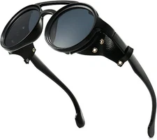 Mens Womens Sunglasses Vintage Steampunk Side Shields Leather Round Retro Shades