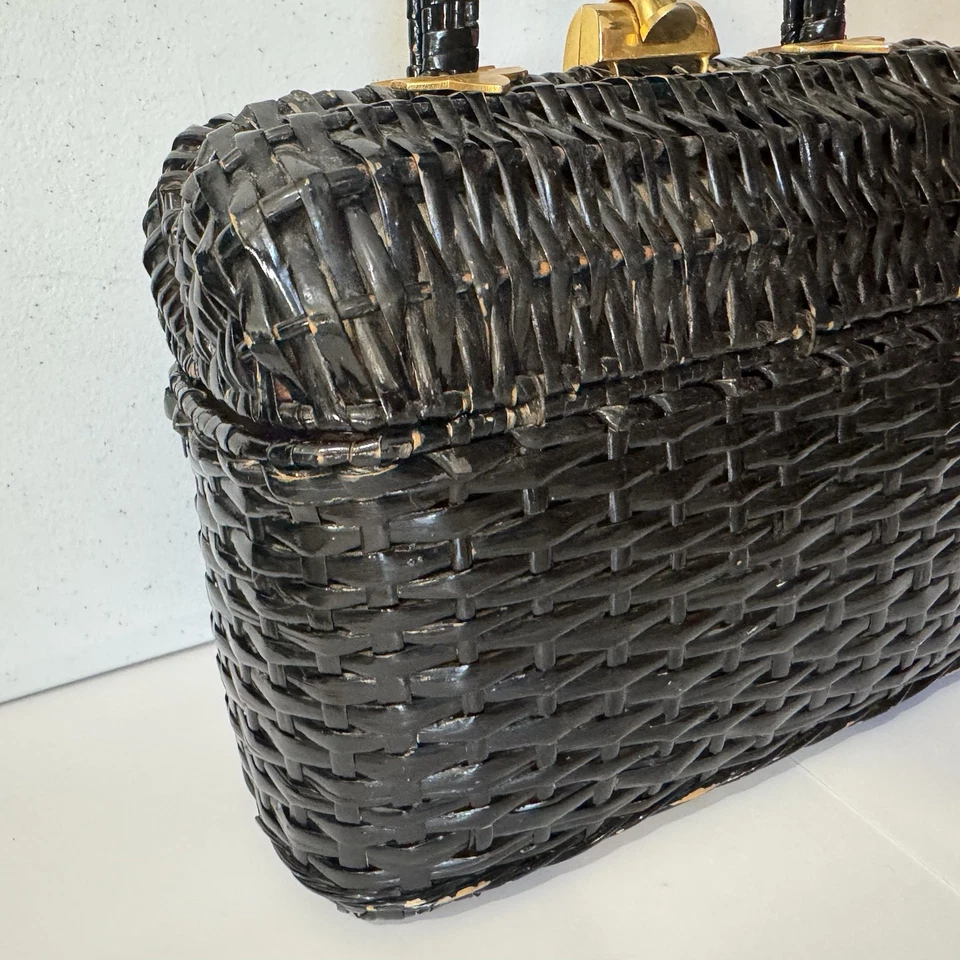 Cartera canasta tejida de mimbre coret negro vintage ratán años 60 mediados de siglo Italia Foto 4 de 4