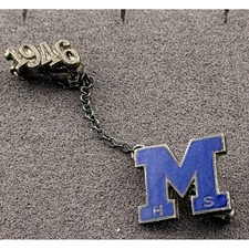 Vintage Sterling Silver School Pin M 1946 HS Blue Enamel Safety Chain