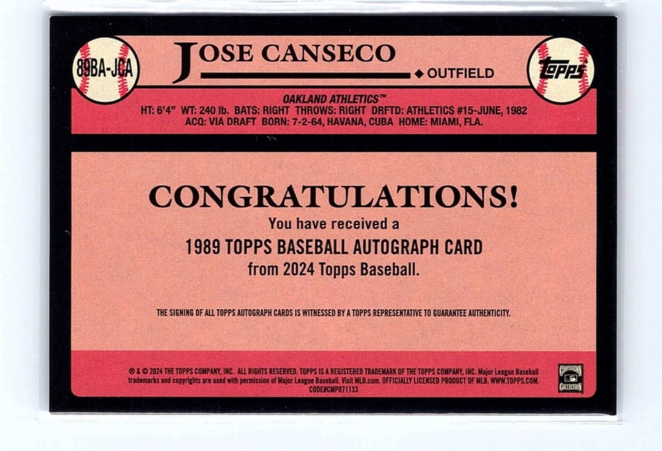 2024 Topps José Canseco #89BA-JCA Auto 1989 Topps Béisbol Autógrafos Atletismo Foto 2 de 2