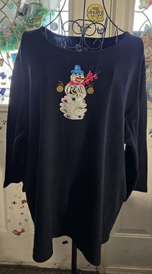 Classic Elements Black Christmas 3/4 Sleeve Top Snowman Ribbon Sequins 18-20W