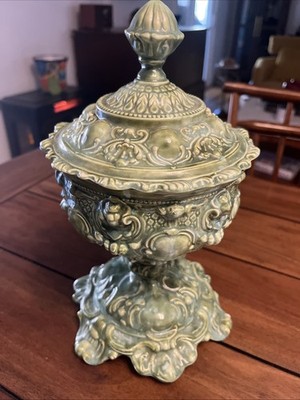 Vintage 1972 Ceramic Hand Crafted Pedestal Victorian Candy Jar Artist Signed