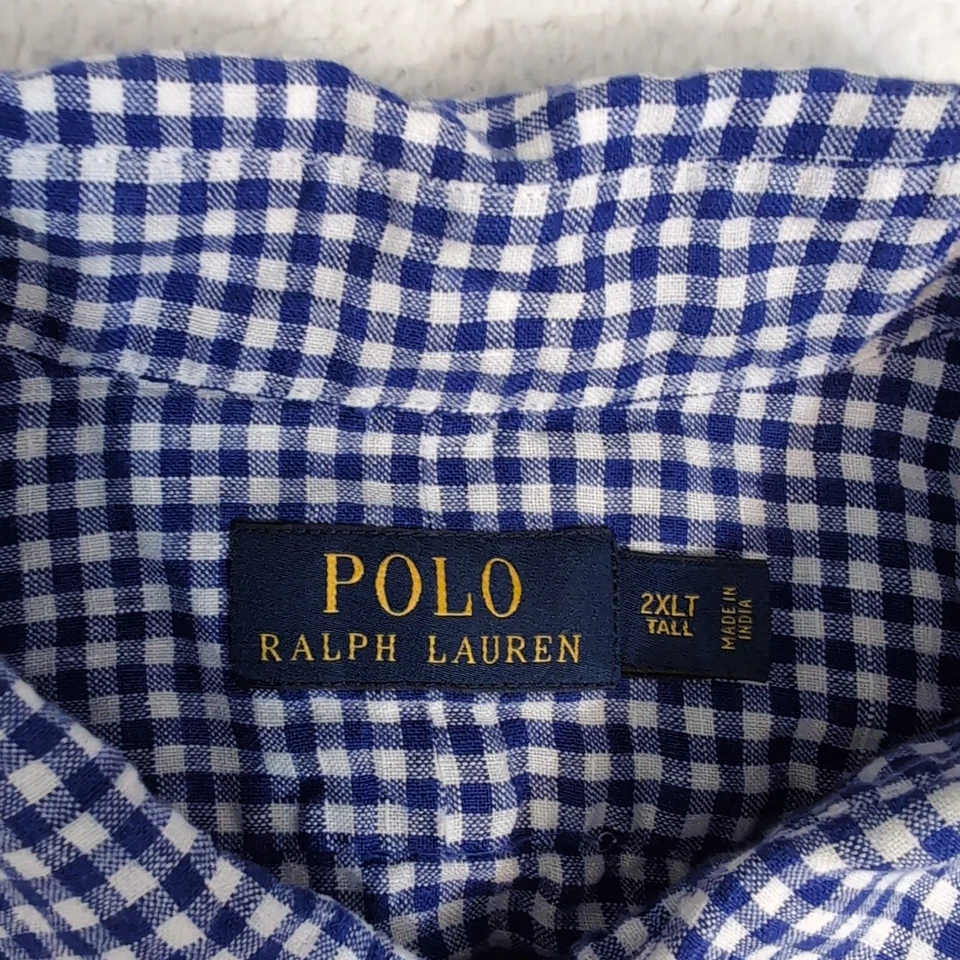 Polo Ralph Lauren Men's 2XLT 100% Linen Gingham Check Work Shirt Blue No Pony - Image 2 of 4