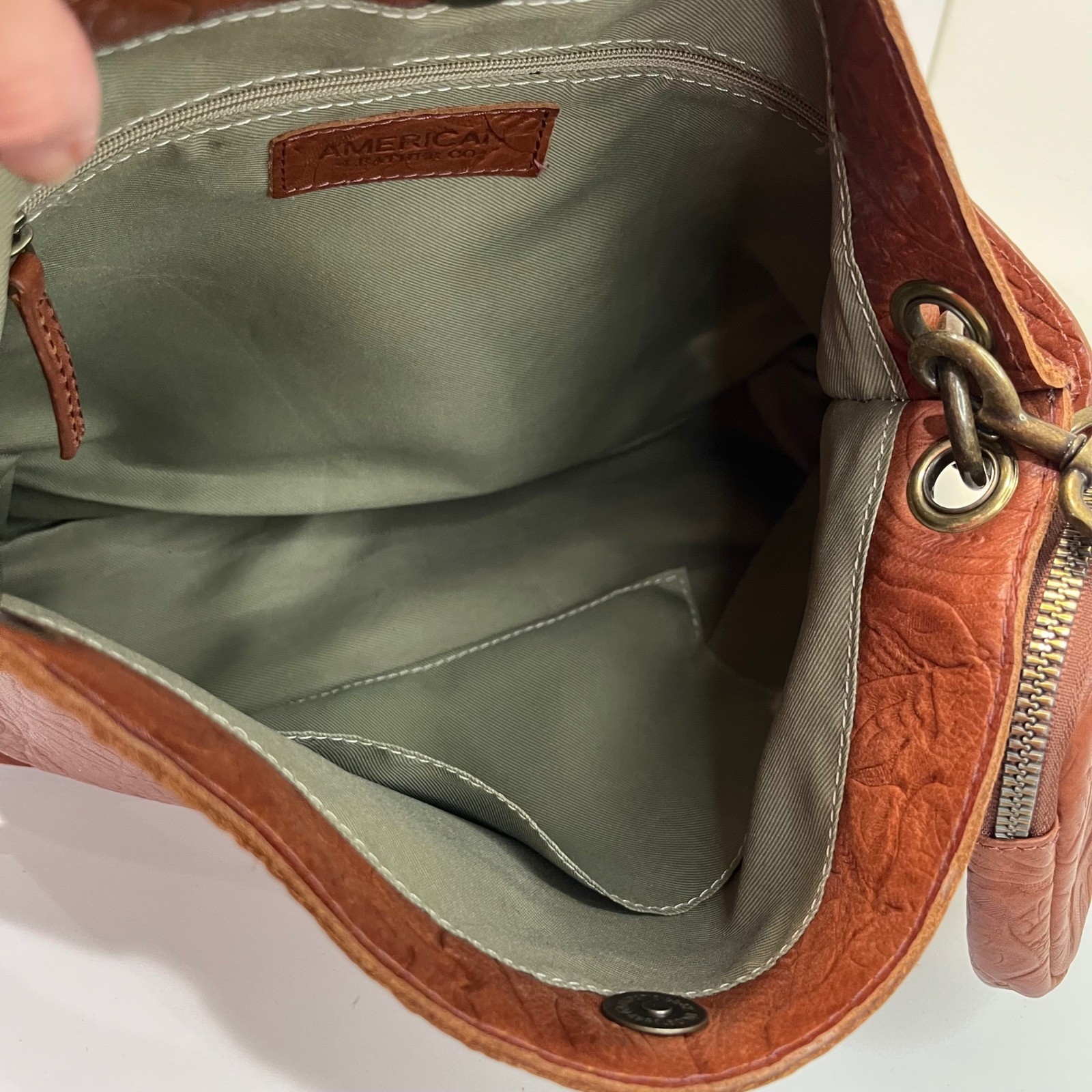 American Leather Co Embossed Floral Handbag Shoulder Bag Brandy Brown Indie