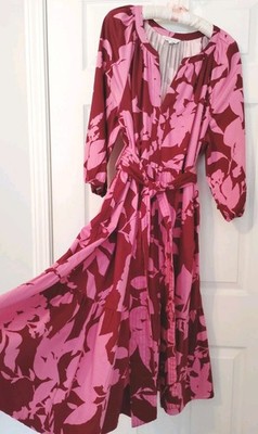 NWOT Crown&Ivy dress peasant 3/4 slv ruffle belt pockets pink + floral 1X PLUS