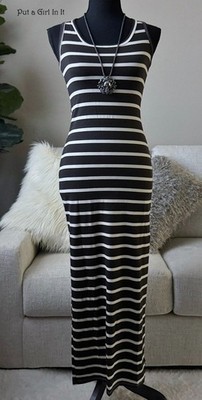 USA New Women's BROWN WHITE STRIPED BOHO MAXI RACERBACK TANK DRESS S M L XL SLIT