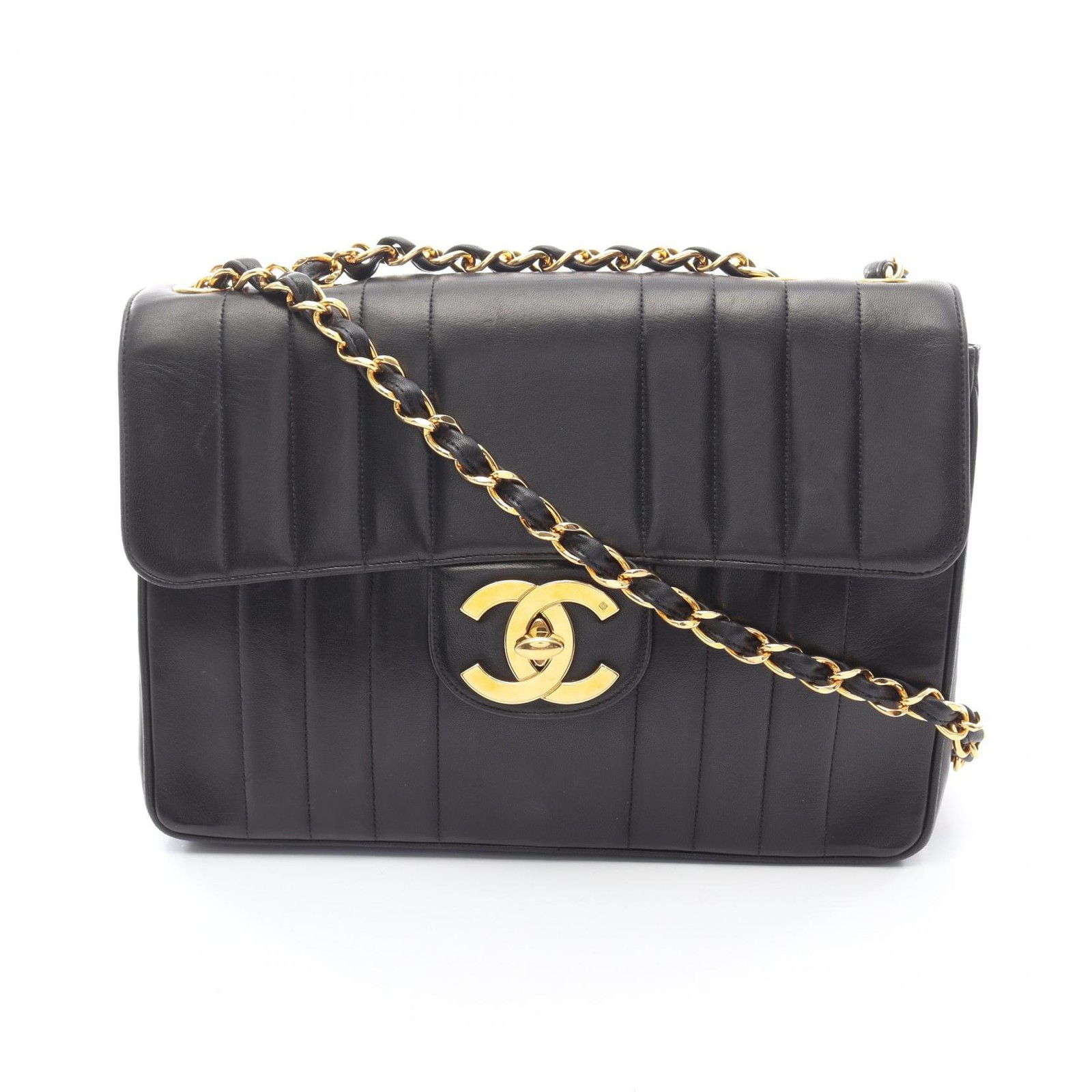 CHANEL Mademoiselle Jumbo Chain Shoulder Bag Lambskin Black GHW Used Women CC