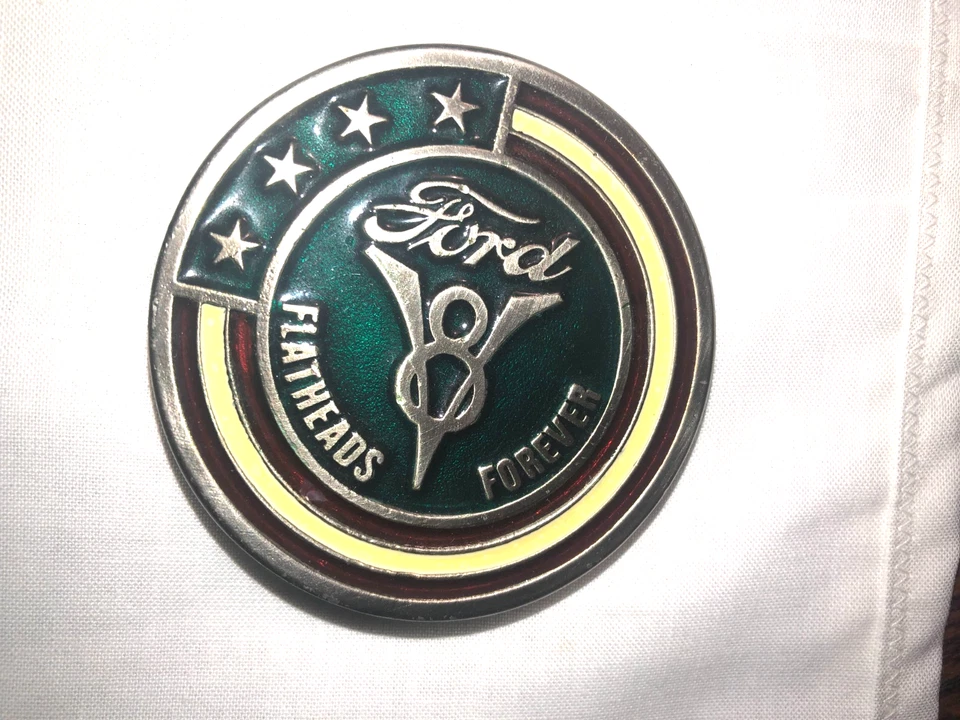 Vintage FORD Flatheads Forever Belt Buckle USA Flag V8 Logo Heavy Metal 2.5" - Image 3 of 4