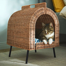 Wicker Cat House Hideaway Cave Bed on Metal Legs with Cushion
