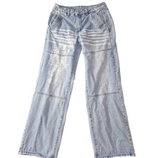Y2K Wide Leg Jeans W Graphic S Panel Bleach Wash Stripe Denim Baggy Streetwear
