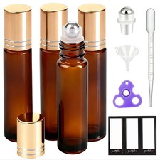 4 Pack Amber Glass Oil Roller Bottles for Essential Oils 10ml, Roll On Bottles