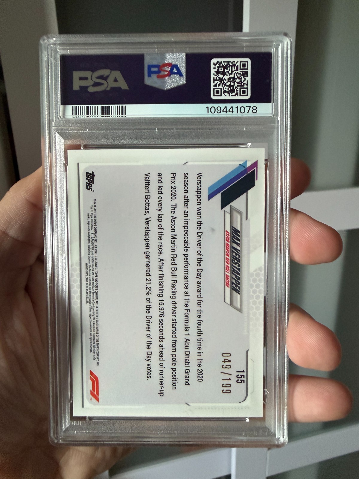 2021 Topps Chrome F1 Sapphire Max Verstappen #155 Chartreuse /199 PSA 10 view 4