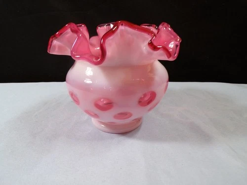 Fenton Cranberry Opalescent Glass Coin Dot Rose Bowl Vase 4" Tall
