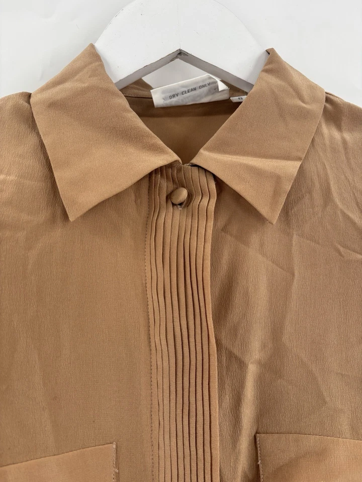 Blusa JH Collectibles Vintage 100% Seda Mujer 8 Marrón Años 80 Mangas Largas Plisada Foto 2 de 4