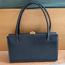 Black Leather Top Handle Bag Double Handles Gold Hardware Clasp Rectangle