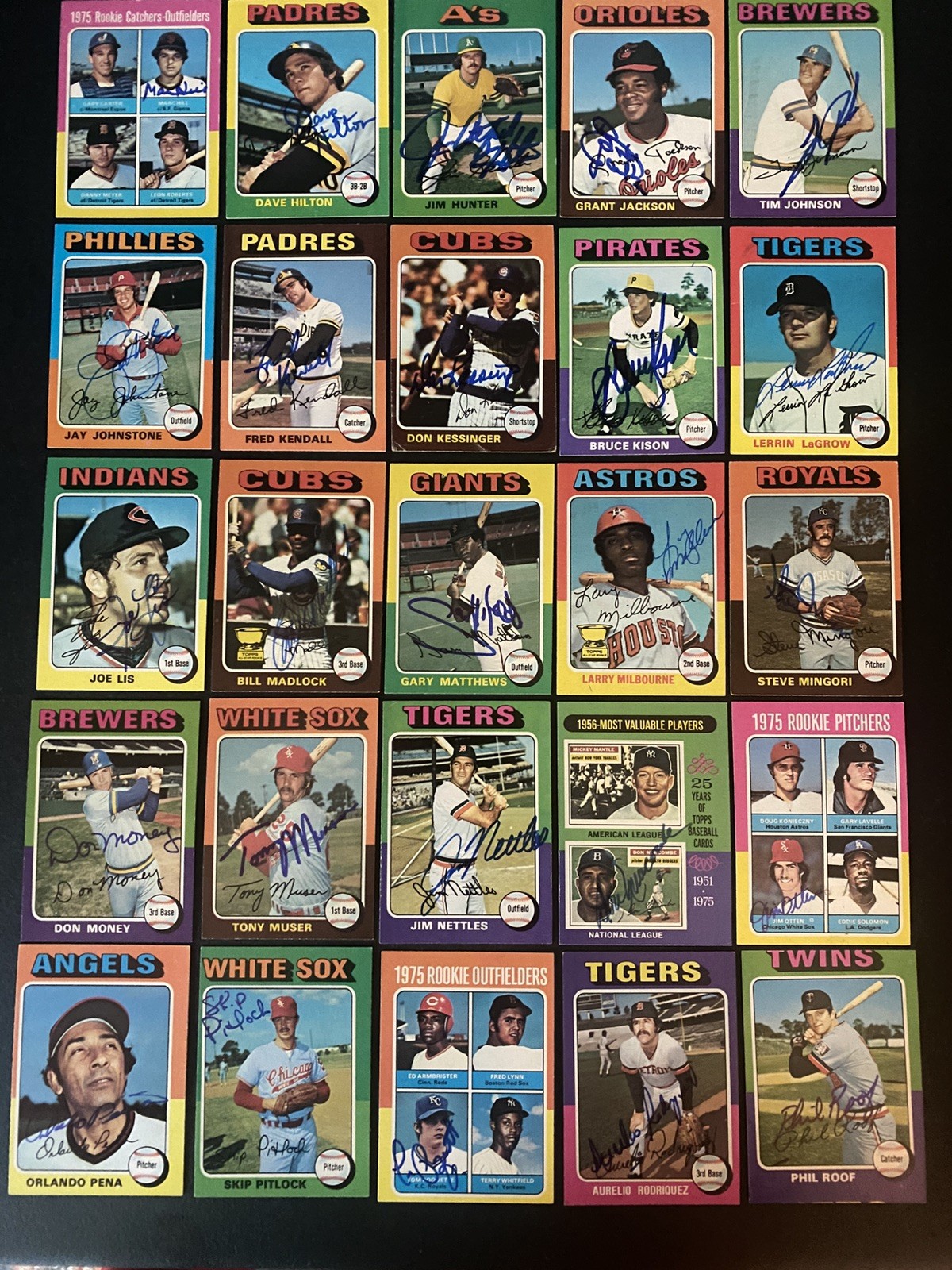 64 Signed 1975 Topps Baseball Cards - including 23 deceased, HOF Catfish Hunter