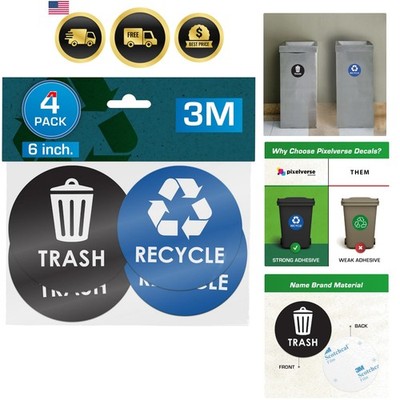 Recycle Stickers for Trash Bins - 6''x6'' Round Decals, 4 Pack Set - Recycling ...