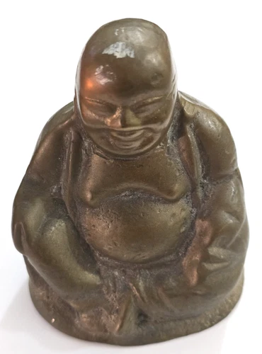 Vintage Solid Brass Laughing Buddha Budai Figurine Paperweight Heavy Patina