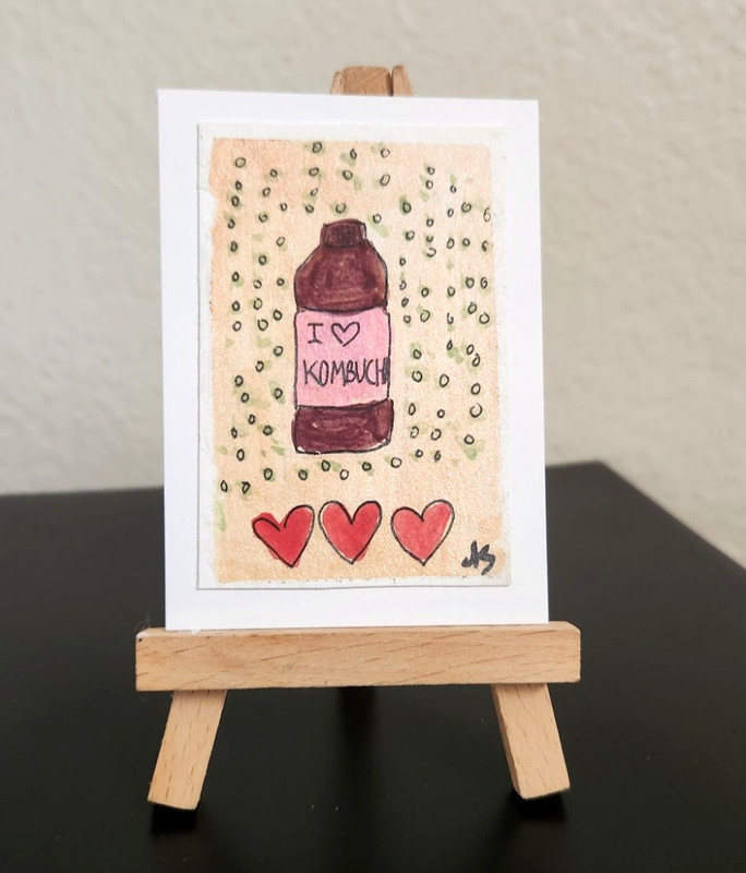 ACEO Original Painting "I Heart Kombucha" by Abby Watercolor & Pen 2.5in x 3.5in