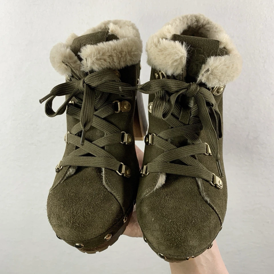 Zueco Guess Mujer Gamuza Sherling Tacón Con Cordones EE. UU. 10 Oliva Grueso Tachonado Foto 2 de 4