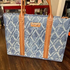 Wrangler Frayed Fringe Dual Sided Canvas Wide Denim Tote Bag NWOT Patchwork
