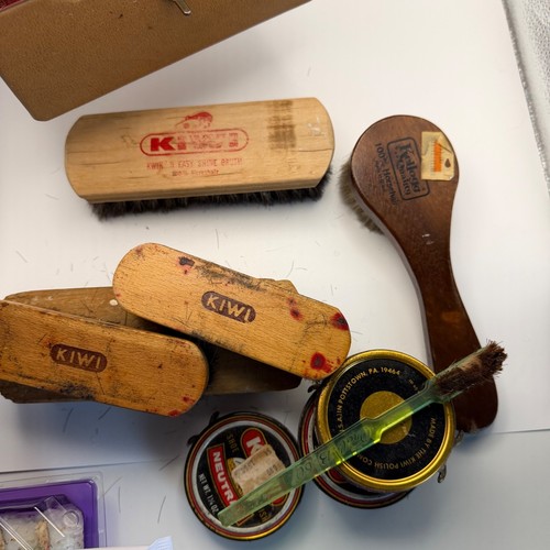 VTG Horsehair Brush Set of 5 Kiwi Shoe Shine Buffing Kit w/ Cremes & Case LOT