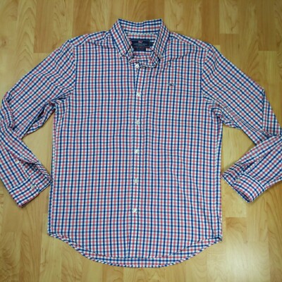 Vineyard Vines Men's Medium whale Long Sleeve button up blue pink checkered SOFT