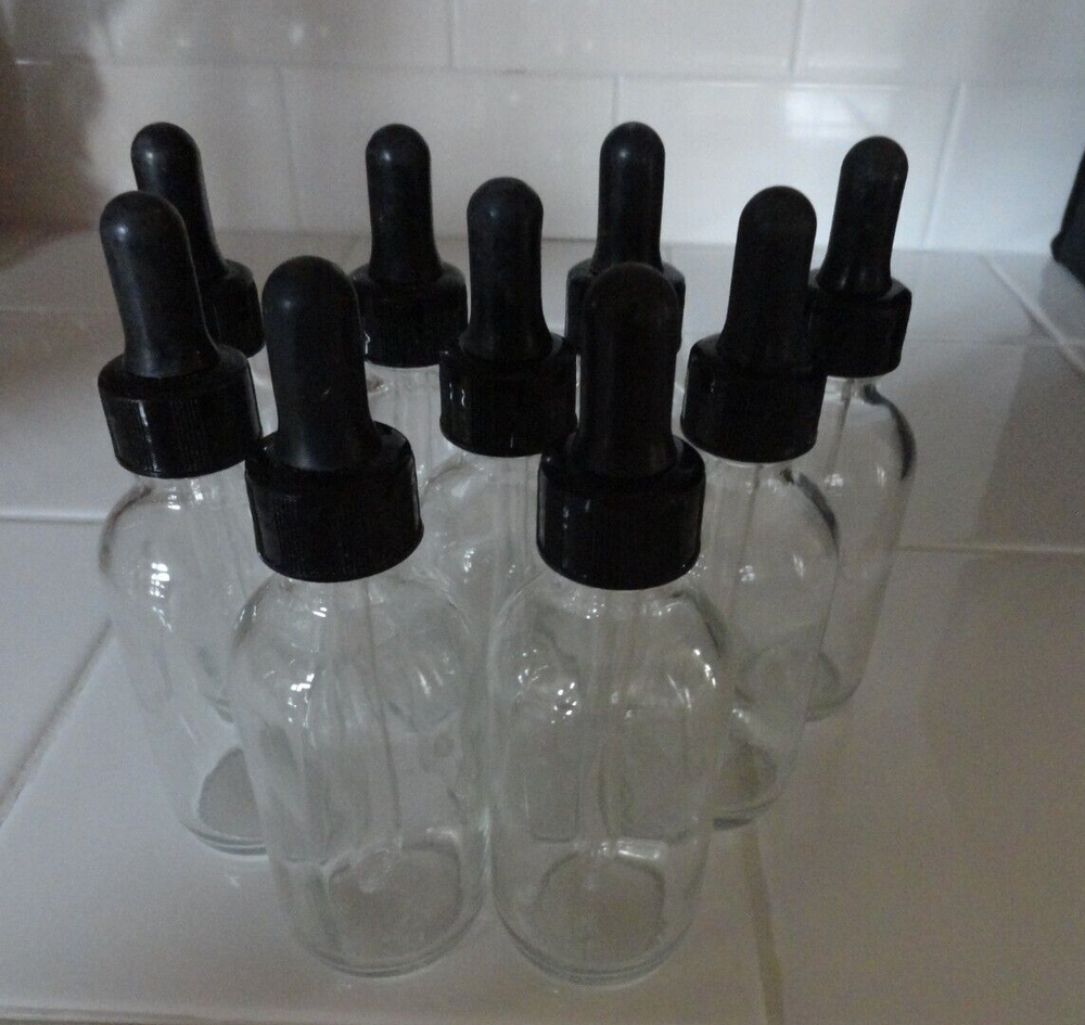10  2oz Clear Boston Glass Bottles with Glass Eye Dropper Brand New