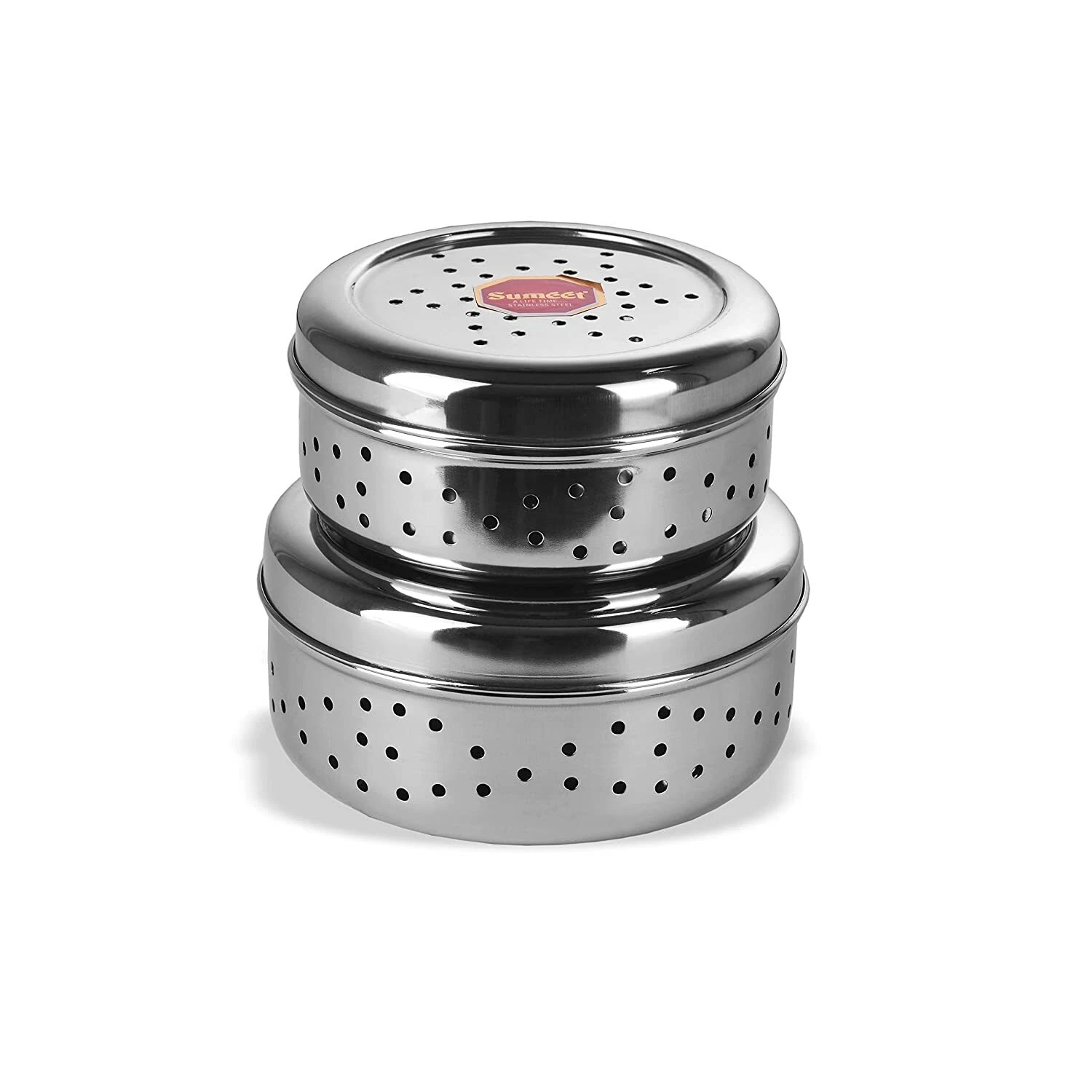 Stainless Steel Hole Puri Dabbas/Flat Canisters with Air Ventilation Set of 2