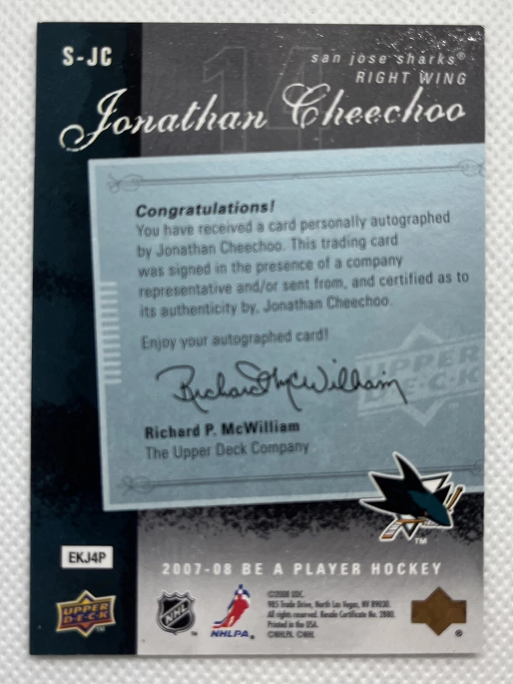 2007-08 Upper Deck Be a Player Signatures Jonathan Cheechoo #S-JC Auto - Image 2 of 2