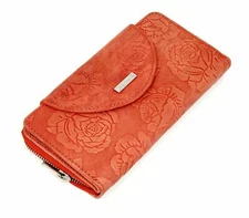 Ladies Red RFID Zip Around Long Purse Real Distressed Leather Clutch Wallet