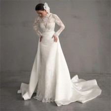 Luxury Mermaid Wedding Dresses Long Sleeved Detachable Train Satin Bridal Gowns
