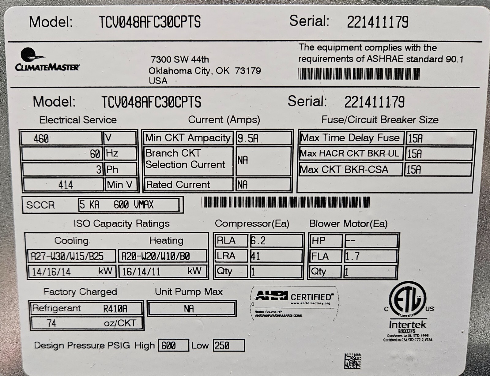 ClimateMaster TCV048AFC30CPTS Tranquility 16 Water Source Heat Pump ...