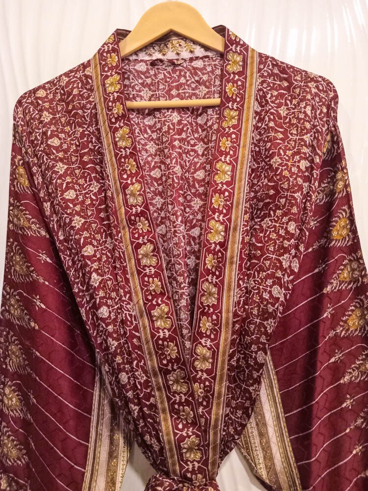 Pura Seda Largo Bata Mujer Seda Kimono Bohemio Lujo Handcrafted Granate KMO4894