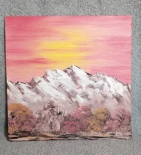 Original 8" Landscape Oil Painting Abstract snowy Mountain yellow pink sky trees