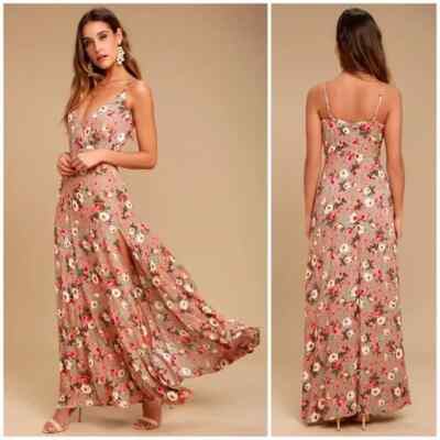 Lulus Everlasting Bliss Blush Floral Print Side Slit Maxi Dress XS
