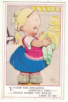 Mabel Lucie Attwell Postkarte - Unter dem sich ausbreitenden Kastanienbaum Mädchen Abwaschen