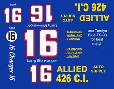  #16 Larry Berwanger Allied Supply 69 Dodge 1/32nd Scale Slot Car Decals