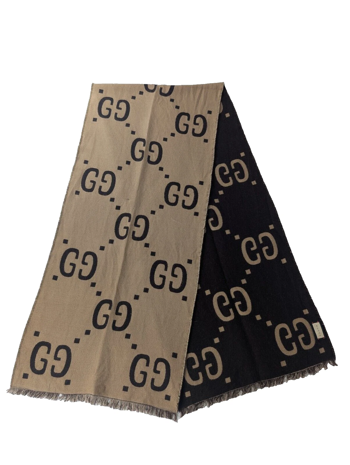 Foulard Gucci Jacquard GG Logo Motif Laine Soie Frayé Marron/Beige Made in Italy.