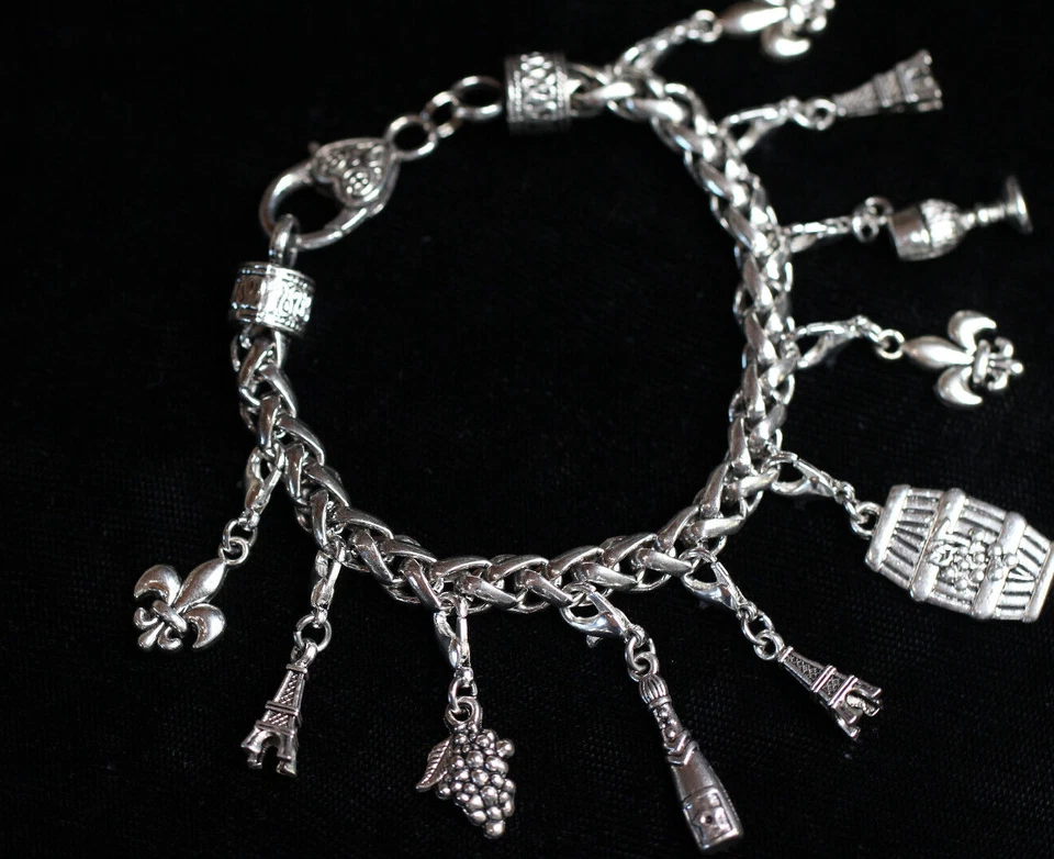 Pulsera Paris Wine Lover Charm Plata Estaño Dijes 8" Intercambiable Eiffel Foto 2 de 4