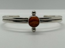 Vintage Mg Sterling Silver Cuff Bracelet W Orange Banded Carnelian Agate Stone